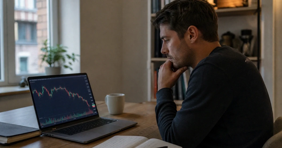 Jeune homme regardant un graphique crypto baissier sur son ordinateur, carnet de notes ouvert à côté – illustration calme du début dans l'investissement