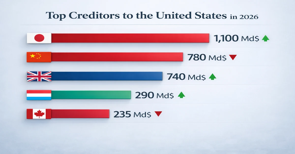 Infographie des principaux créanciers de la dette américaine 2026 avec tableau comparatif Japon, Chine, Royaume-Uni et montants détenus en milliards de dollars