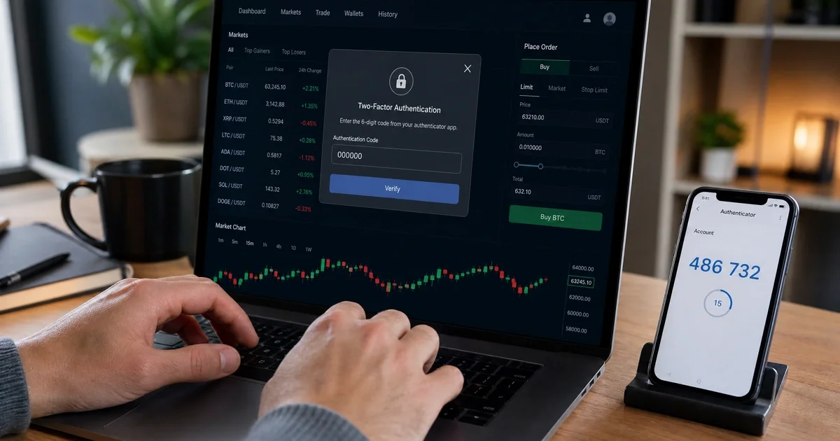 Mains sur un clavier, écran d'ordinateur affichant une demande de code 2FA et smartphone avec application d'authentification – sécurité d'une plateforme crypto