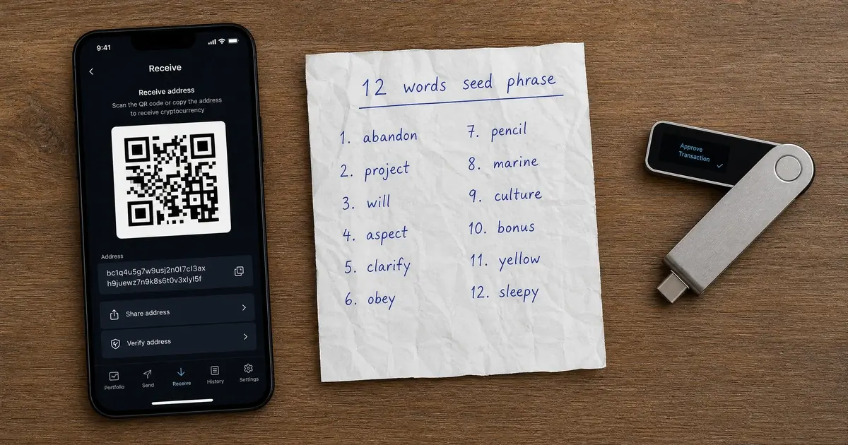 Composition plate montrant un smartphone avec application de portefeuille numérique, une clé hardware wallet, et une feuille avec 12 mots manuscrits – illustration de la conservation des clés privées