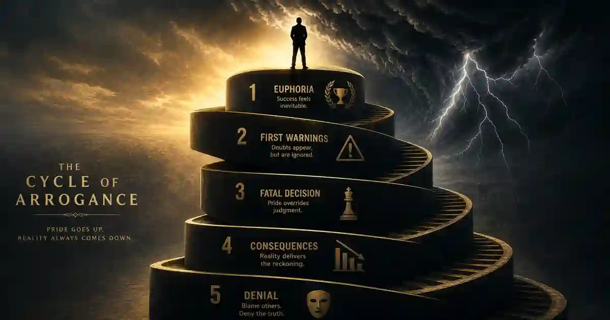 Illustration conceptuelle du cycle de l'arrogance avec 5 phases (euphorie, premiers signaux, décision fatidique, conséquences, déni) menant à une tempête économique