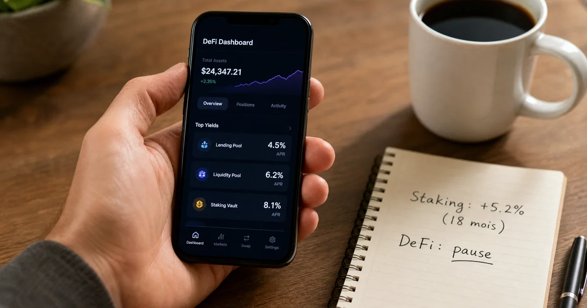 Main tenant un smartphone affichant des rendements DeFi, carnet ouvert avec notes manuscrites "Staking +5.2% sur 18 mois" et "DeFi : pause", tasse de café – témoignage visuel d'un investisseur crypto