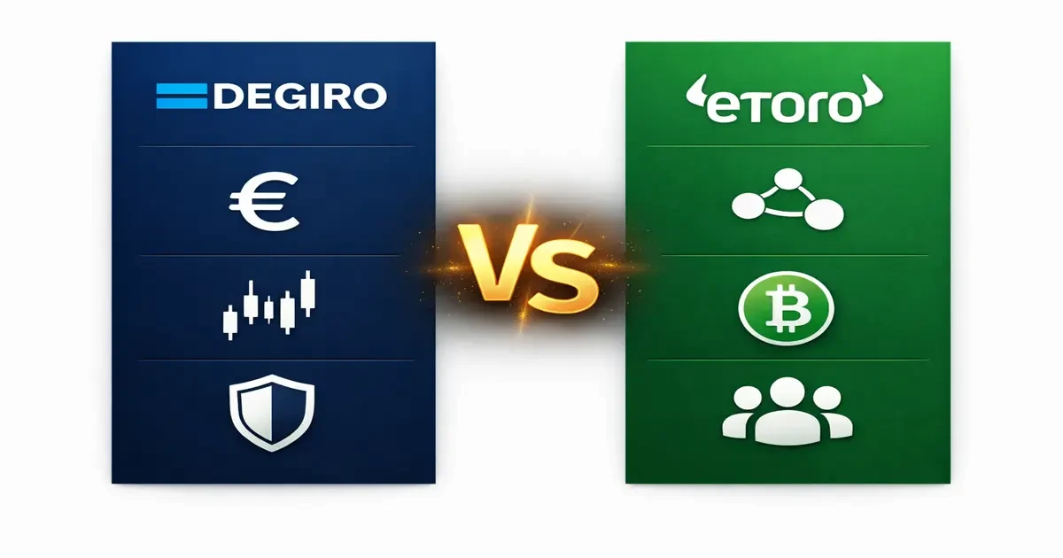 Tableau comparatif visuel DEGIRO vs eToro 2026 – frais, copy-trading, cryptomonnaies et sécurité