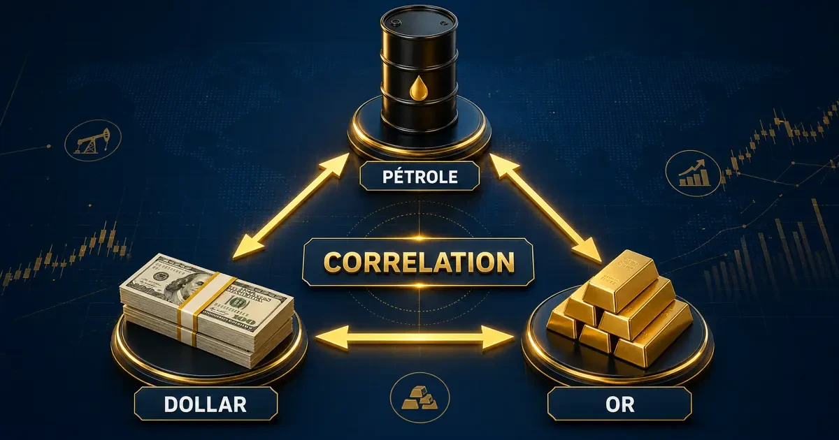 Corrélation pétrole dollar or 2026 : le triangle d'influence des marchés, avec le pétrole, le dollar et l'or en interaction.