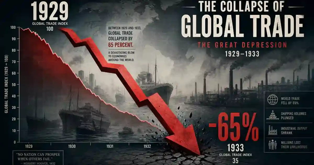 Infographie montrant la chute de 65% du commerce mondial entre 1929 et 1933 après l'adoption du Smoot-Hawley Tariff Act, avec une flèche rouge descendante et des silhouettes de navires en arrière-plan