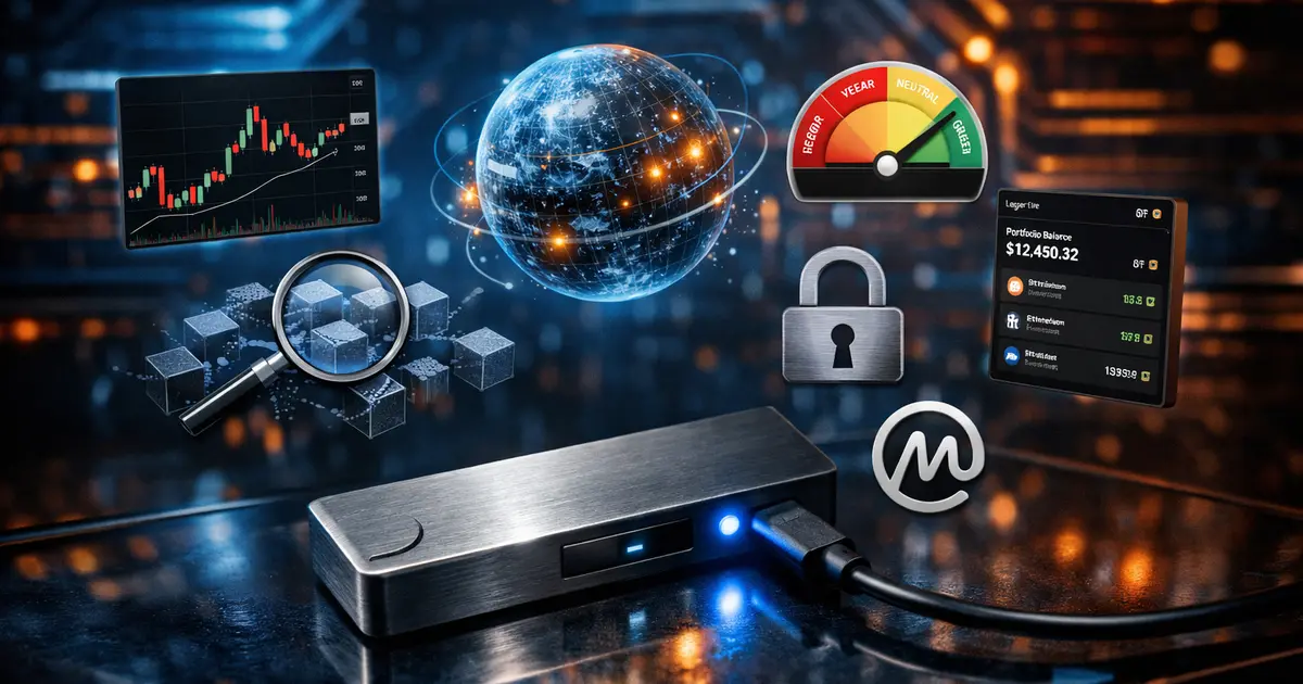 Hardware wallet sécurité : guide visuel des 7 outils vitaux pour protéger vos cryptomonnaies en 2026, incluant TradingView pour l'analyse technique, l'analyse on-chain avec CoinGlass, l'indice de peur et de greed, et les explorateurs de blockchain.