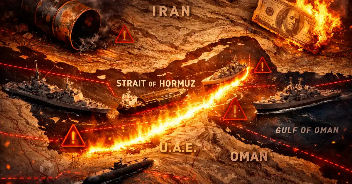 Carte stratégique du détroit d'Ormuz, point de tension majeur dans une guerre Iran-États-Unis et déclencheur d'un choc pétrolier mondial en 2026