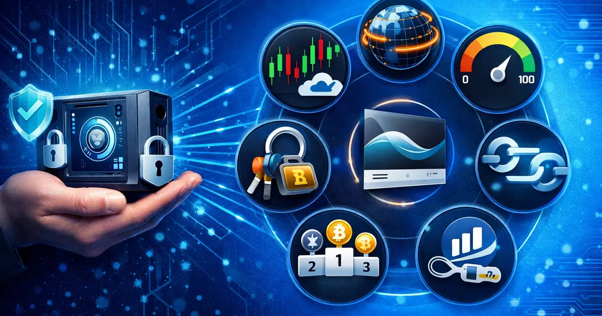 Hardware wallet sécurité : infographie des 7 outils vitaux incluant TradingView pour l'analyse technique, l'analyse on-chain avec CoinGlass, l'indice de peur et de greed, Ledger Live, CoinMarketCap, les explorateurs blockchain comme Etherscan, et un gestionnaire de mots de passe pour une protection complète des cryptomonnaies.