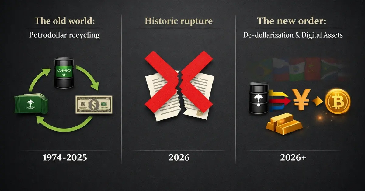 Conséquences rupture accord pétrodollar 1974 : infographie détaillant le mécanisme de l'accord, le processus de dé-dolarisation des échanges pétroliers, et l'impact sur le Bitcoin et les cryptomonnaies comme actifs refuges émergents en 2026