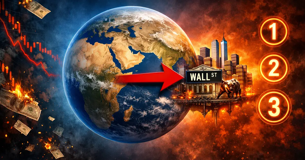 Crise financière 2026 : infographie des flux financiers entre le Golfe et Wall Street avec trois scénarios de crise.