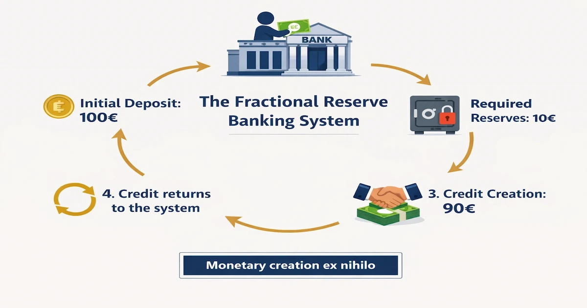 Schéma explicatif de la réserve fractionnaire – comment les banques créent de l'argent à partir des dépôts