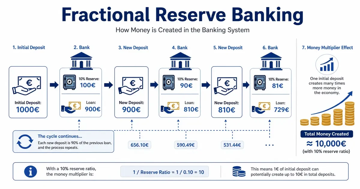 Schéma explicatif de la réserve fractionnaire : comment 1000 € deviennent 9000 € de monnaie créée