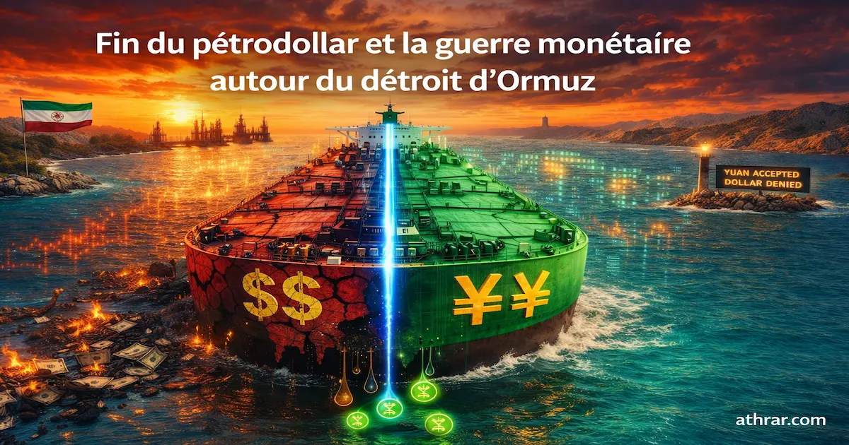 Image conceptuelle d'un pétrolier fendu en deux dans le détroit d'Ormuz, moitié dollar en ruine et moitié yuan triomphant, illustrant la fin du pétrodollar et la montée de la dédollarisation avec les réserves de change en yuan - athrar.com