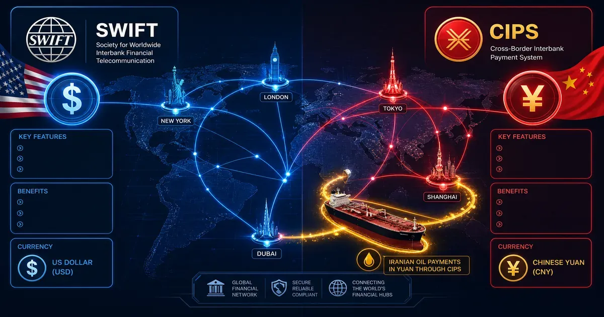 Infographie comparant le système CIPS chinois et le SWIFT américain