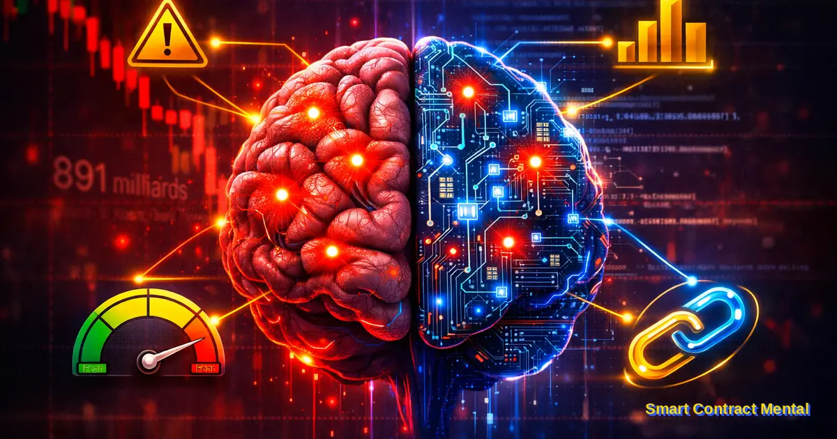 Illustration du concept Smart Contract Mental fusionnant l'analyse on-chain, l'indice de peur et de greed et TradingView pour détecter les signaux qui avertissent d'un danger financier imminent
