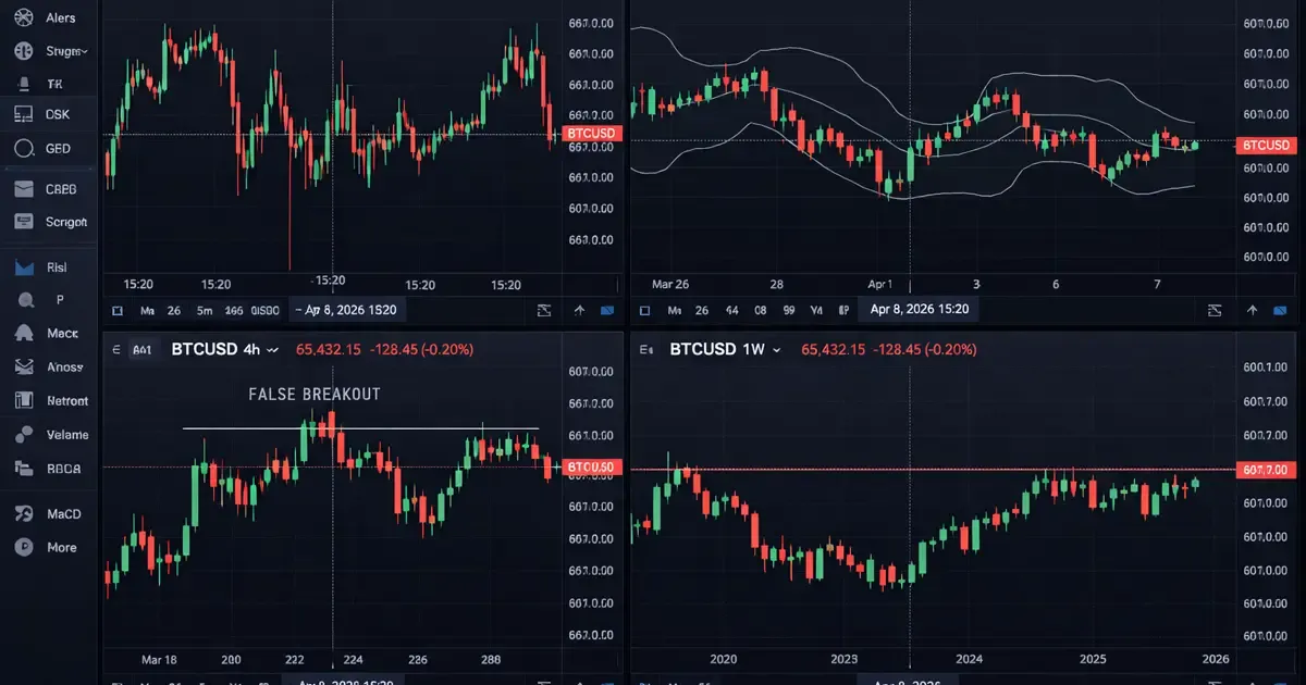 TradingView interface multi-timeframes Bitcoin 2026 avec curseur synchronisé - vue d'écran montrant les graphiques 1 minute, 1 heure, 4 heures et 1 semaine avec résistance identifiée sur l'unité hebdomadaire