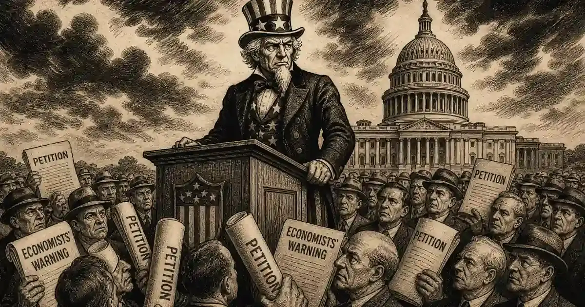 Caricature historique de 1930 montrant Uncle Sam entouré d'économistes tenant une pétition contre le Smoot-Hawley Tariff Act, avec le Capitole en arrière-plan