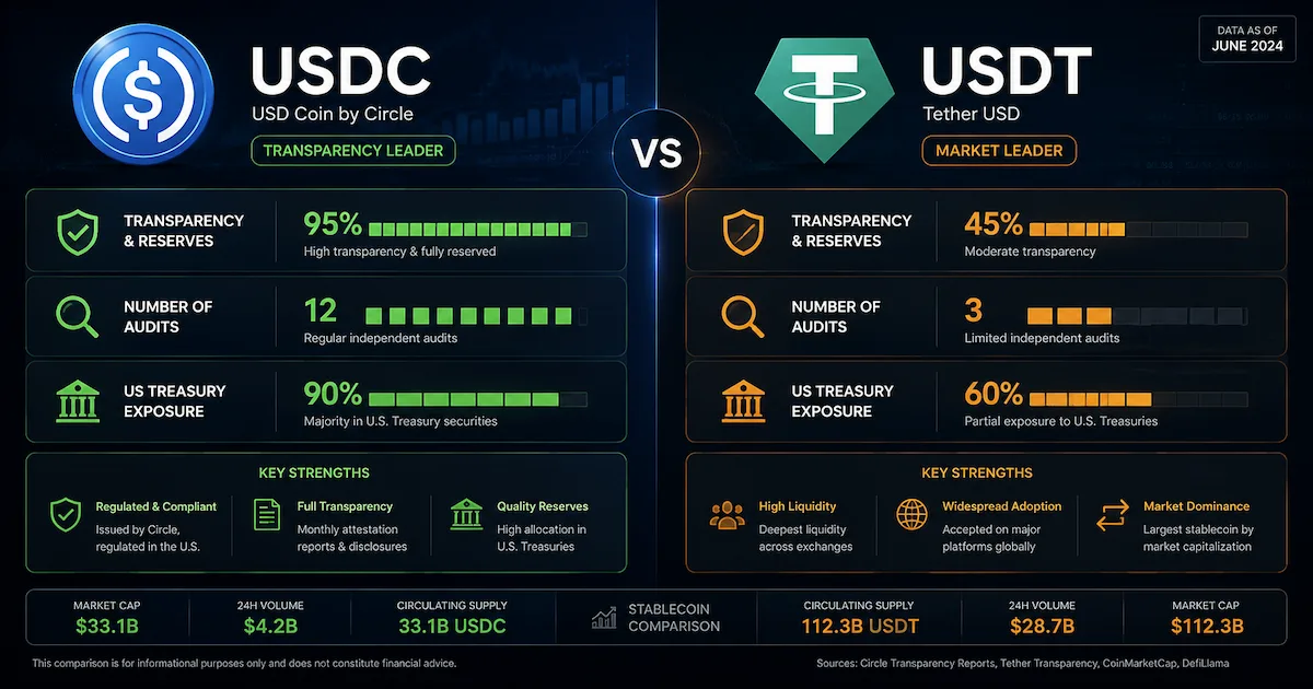 Graphique comparatif Circle USDC vs Tether USDT - Transparence des réserves, audits et exposition aux bons du Trésor américain - Données 2026