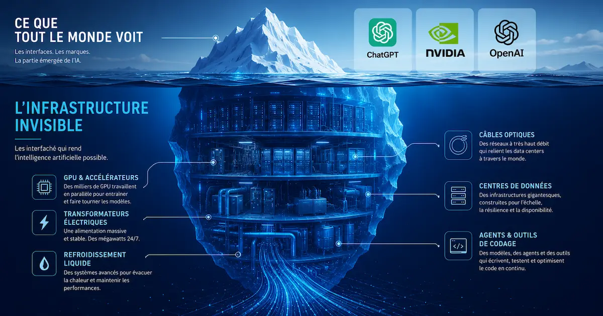 Iceberg de l'investissement IA : les modèles visibles ne sont que la partie émergée, l'infrastructure cachée (GPU, transformateurs, refroidissement, câbles optiques) est la partie immergée