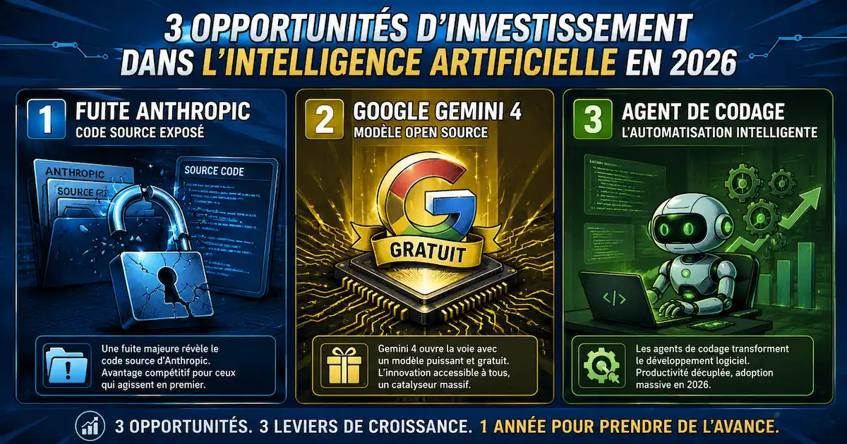Les 3 opportunités d'investissement IA en 2026 : fuite Anthropic, modèle open source Gemma 4, agent de codage