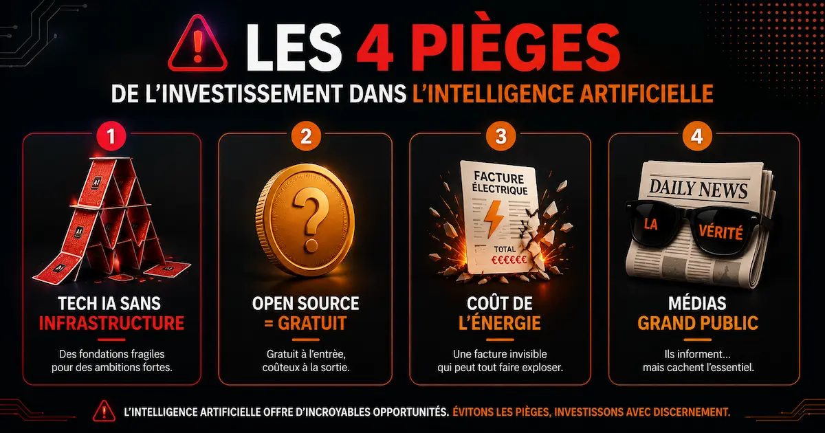 Les 4 pièges de l'investissement IA : tech sans infrastructure, open source non rentable, coût de l'énergie oublié, médias en retard