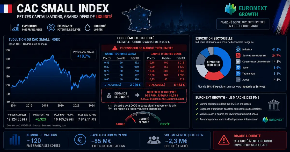 Graphique du CAC Small montrant les spécificités des small caps France : exposition à l'économie locale, problème de liquidité (2000€ de demande), management crucial, faible couverture analystes