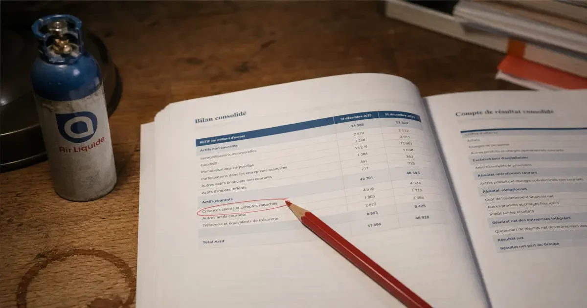 Comment lire un bilan d'entreprise – documentation Air Liquide ouverte sur un bureau, lignes financières entourées au crayon rouge, bouteille de gaz industriel à côté
