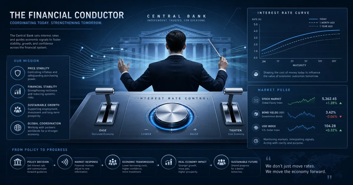 Illustration montrant comment les taux d'intérêt servent de signal entre les banques centrales et les institutions financières, pilotant l'expansion ou la contraction du crédit