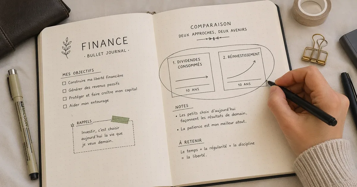 Comparaison réinvestissement vs consommation des dividendes 2026 revenus passifs – illustration montrant l'impact du réinvestissement sur la croissance du capital pour vivre des dividendes 2026 revenus passifs
