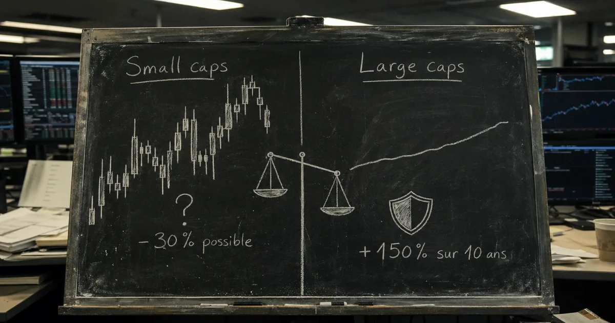 Tableau ardoise comparatif small caps vs large caps – colonne gauche graphique volatil avec mention -30%, colonne droite courbe stable avec mention +150% sur 10 ans, balance schématique penchant vers large caps