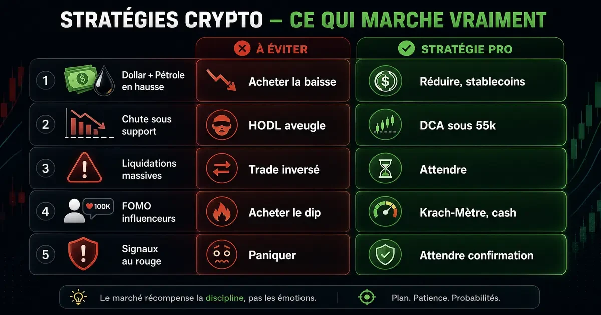 Tableau stratégies crypto analyse Bitcoin 2026 : réactions instinctives à éviter vs stratégies professionnelles face aux signaux danger
