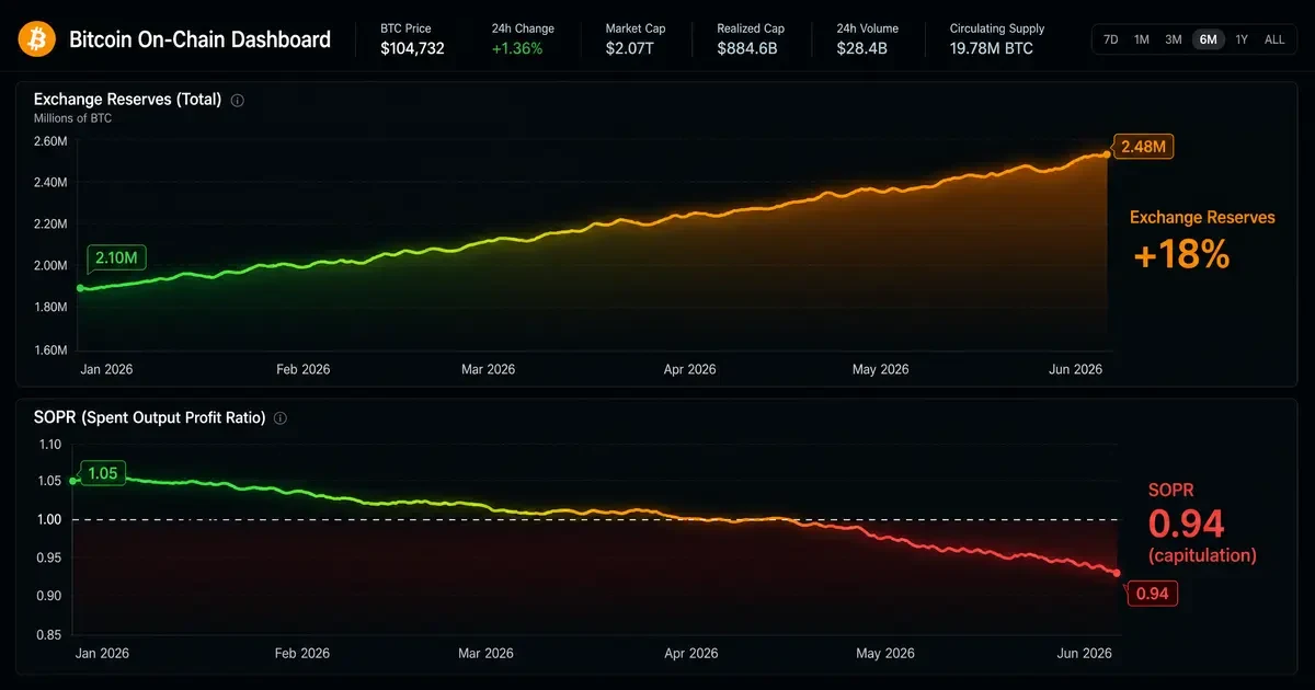 Graphique on-chain analyse Bitcoin 2026 : réserves exchanges en hausse et SOPR sous 0,94 confirmant la capitulation