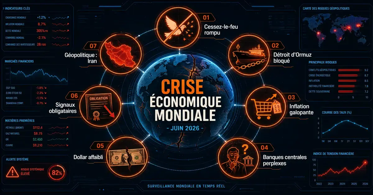 Infographie 7 signaux crise économique mondiale 2026 résumé visuel