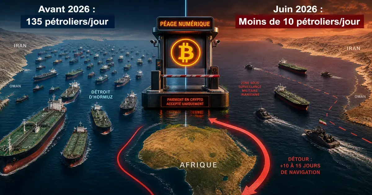 Infographie crise économique mondiale montrant l'effondrement du trafic pétrolier dans le détroit d'Ormuz en 2026