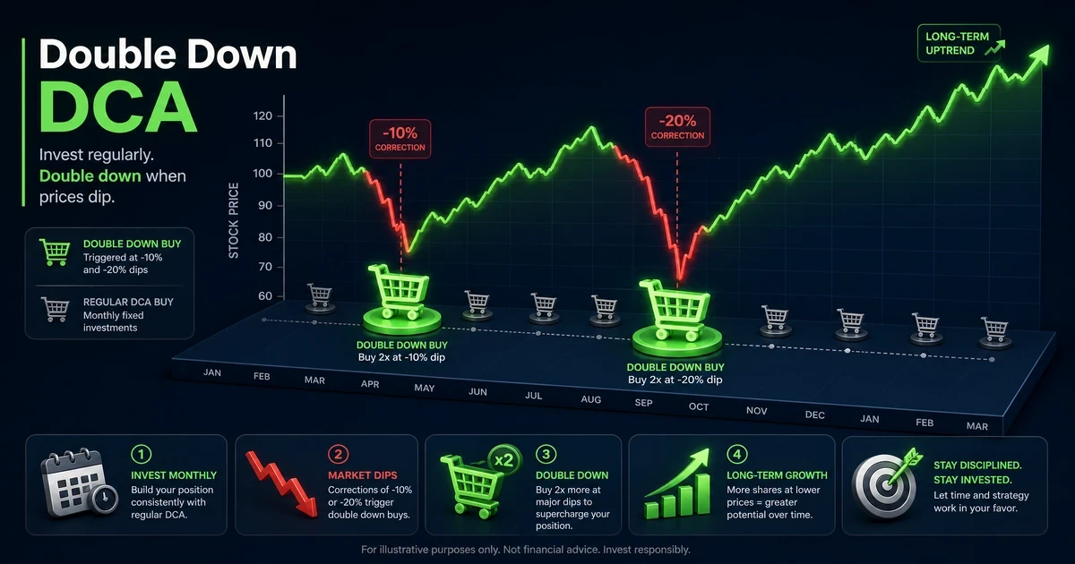 Graphique montrant la stratégie double down DCA avec achats doublés lors des baisses.