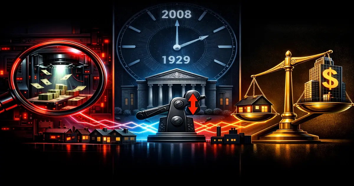 Tableau des 3 mécanismes choc d'une crise financière : création monétaire (coffre et impression), taux d'intérêt (levier de banque centrale), transfert de richesse (balance maison vs gratte-ciel)