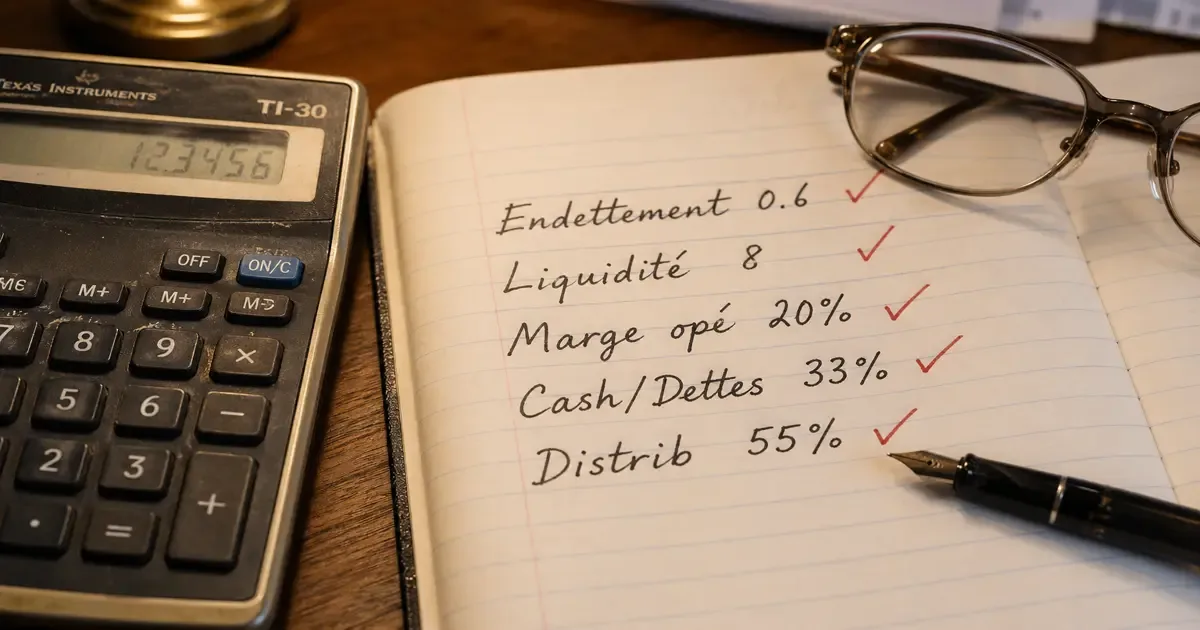 Ratios financiers clés pour lire un bilan d'entreprise – endettement 0.6, liquidité 8, marge opérationnelle 20%, cash flow sur dettes 33%, distribution 55% – exemple Air Liquide