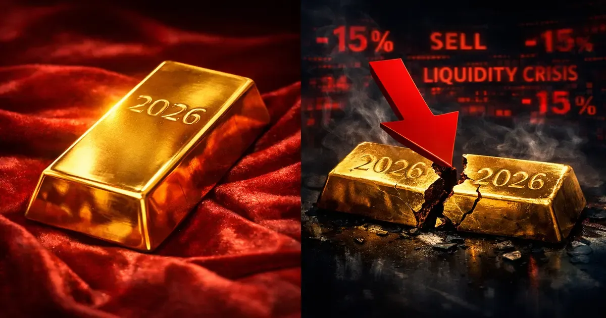 Analyse des métaux précieux 2026 : lingot d'or fissuré montrant la contradiction entre valeur refuge et crise de liquidité - graphique boursier en arrière-plan avec chute et reprise