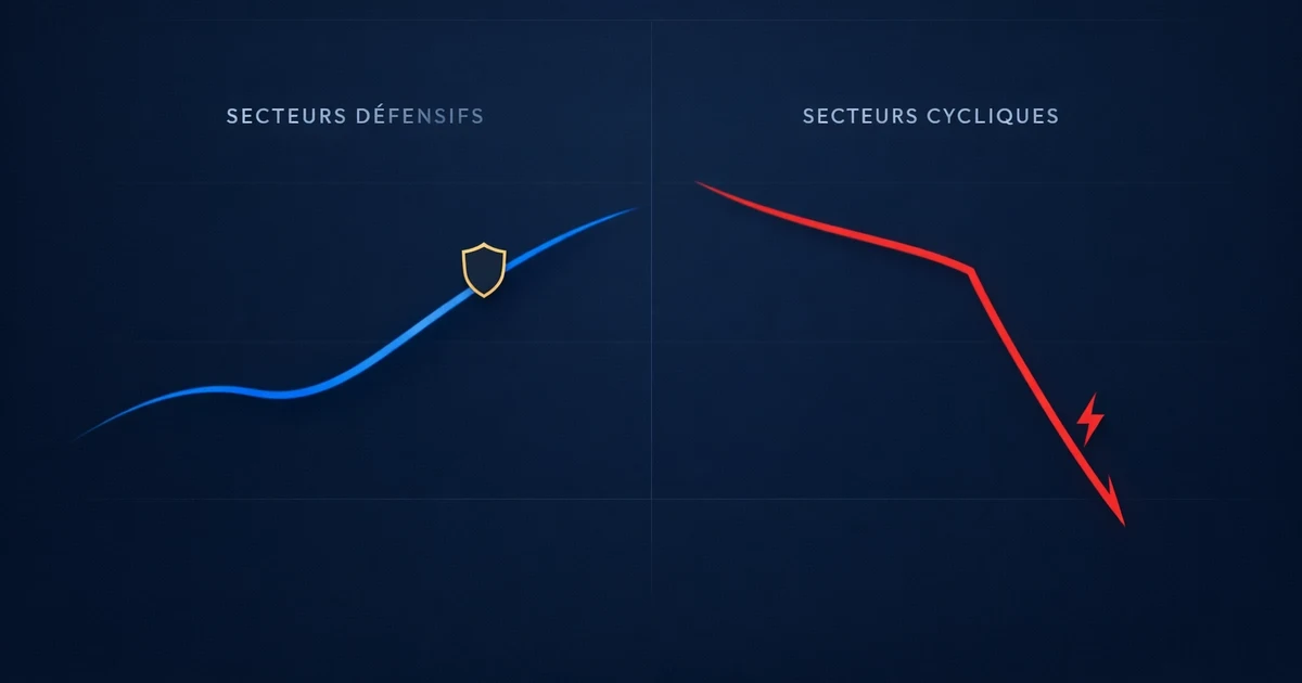Graphique comparatif des performances des secteurs boursiers défensifs versus secteurs cycliques lors des krachs de 2008 2020 et 2022