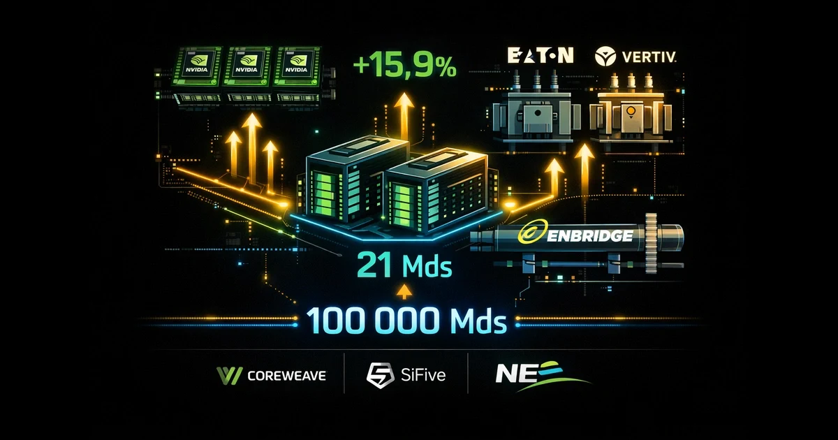 infrastructure ia - infographie des flux d'investissement entre GPU Nvidia, centres de données et énergie avec chiffres clés +15,9% et 100 000 milliards