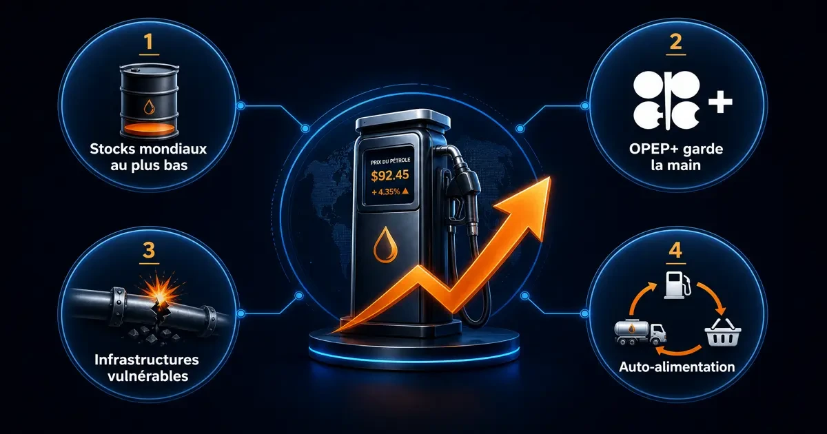 Infographie des 4 forces structurelles maintenant la pression sur les prix du carburant : stocks mondiaux bas, OPEP+, infrastructures vulnérables, cercle vicieux inflationniste.