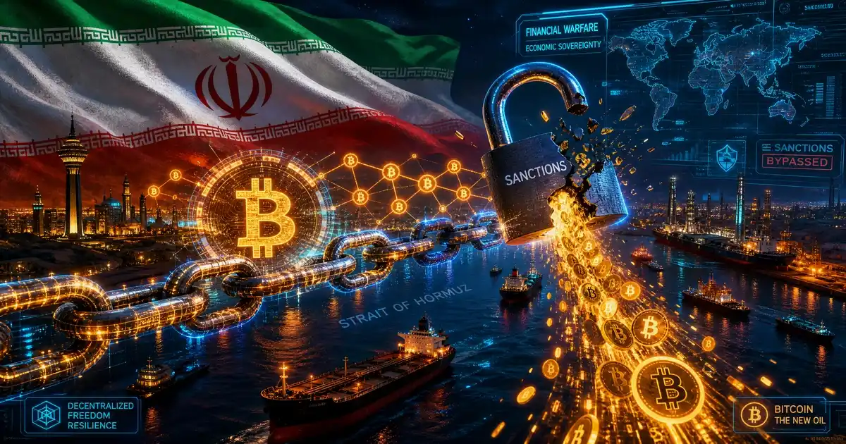 Iran taxe crypto détroit Ormuz, Bitcoin symbolisant le contournement des sanctions financières et l'adoption institutionnelle en 2026