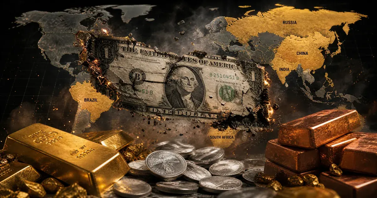 Analyse des métaux précieux 2026 - Fin du pétrodollar et dé-dollarisation, bascule vers les actifs tangibles or, argent et cuivre avec carte des BRICS en arrière-plan