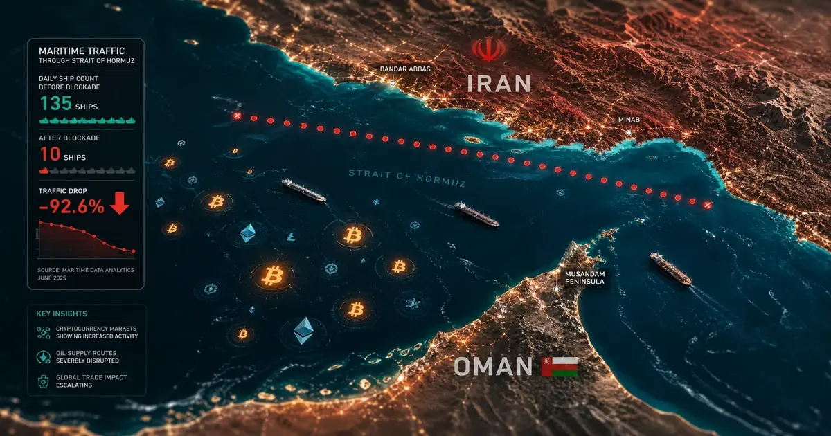 Carte du détroit d'Ormuz montrant la chute du trafic pétrolier et l'application du péage crypto par l'Iran en 2026