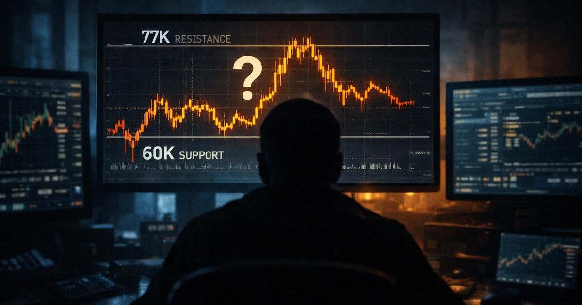 Graphique conceptuel Bitcoin montrant les niveaux de support à 60 000 dollars et résistance à 77 000 dollars - zone de no man's land