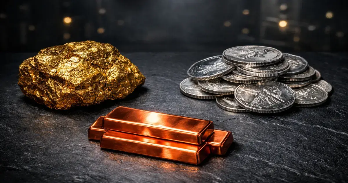 Analyse des métaux précieux 2026 : or, argent et cuivre disposés ensemble sur fond sombre - symboles des valeurs refuges et de la diversification en période de crise de liquidité mondiale