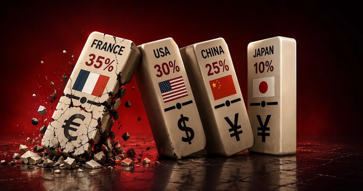 Scénarios dette mondiale 2026 - France 35% en premier, États-Unis 30%, Chine 25%, Japon 10% - Infographie en dominos