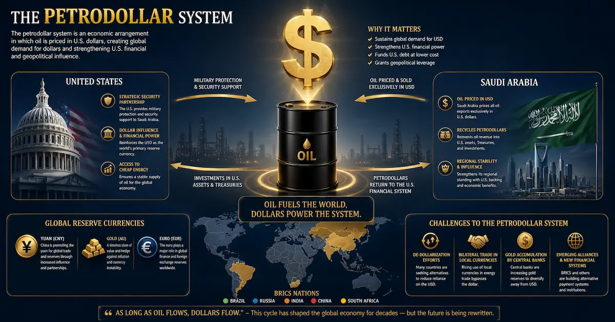 Schéma explicatif du système pétrodollar : le dollar lié au pétrole et aux réserves de change