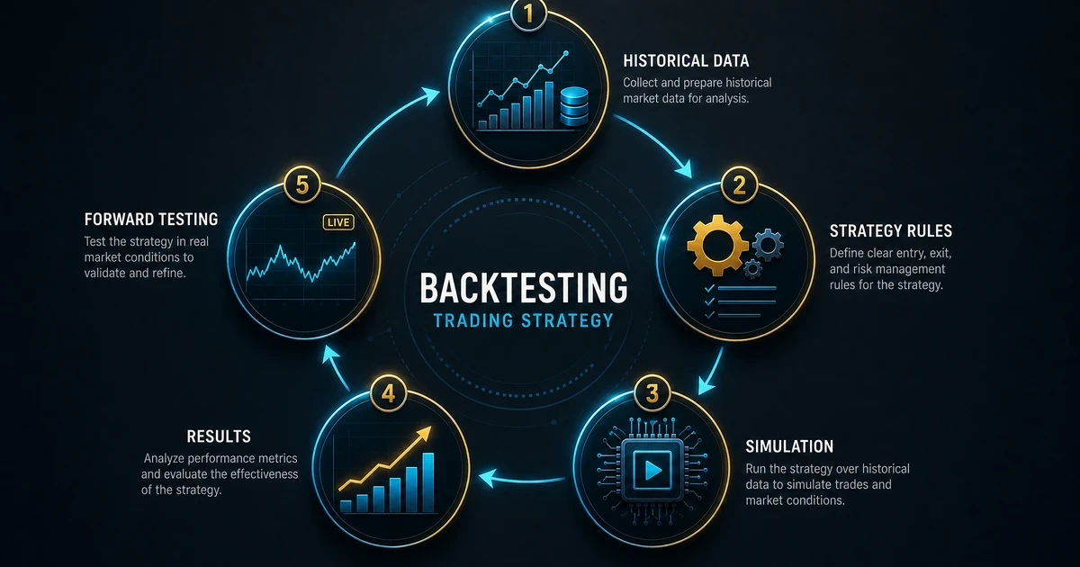 backtesting trading - processus en boucle de validation d'une stratégie : données historiques, règles, simulation, résultats, forward testing