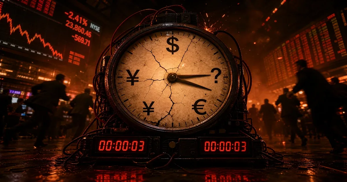Compte à rebours dette mondiale 2026 risque : horloge avec symboles dollar, yuan, yen, euro et aiguilles pointant vers un point d'interrogation